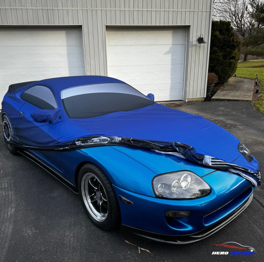 A Custom Blue Car Cover For A Toyota Supra