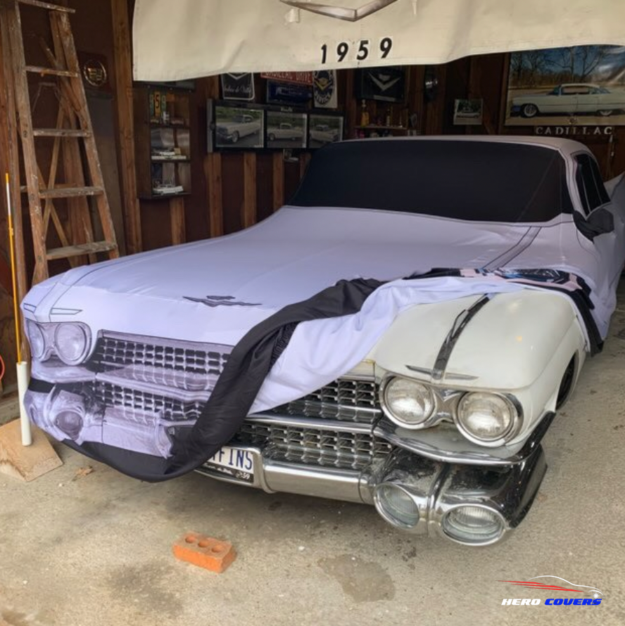 A Custom White Car Cover For A Cadillac Coupe DeVille