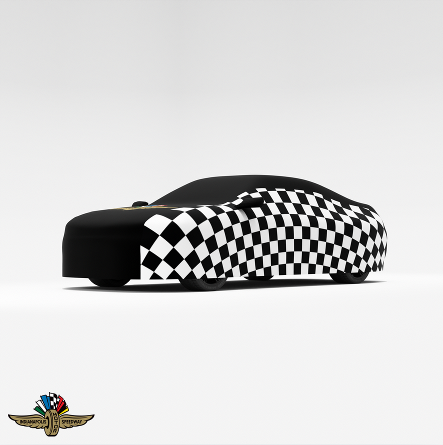 Indy500 Checked Car Cover – Custom Black Checkered Pattern with Iconic Indy 500 Logo for Premium Protection