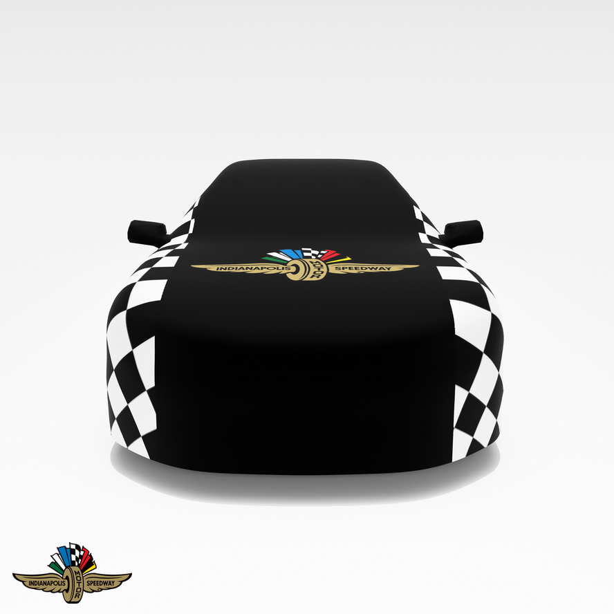 Indy500 Checked Car Cover – Custom Black Checkered Pattern with Iconic Indy 500 Logo for Premium Protection