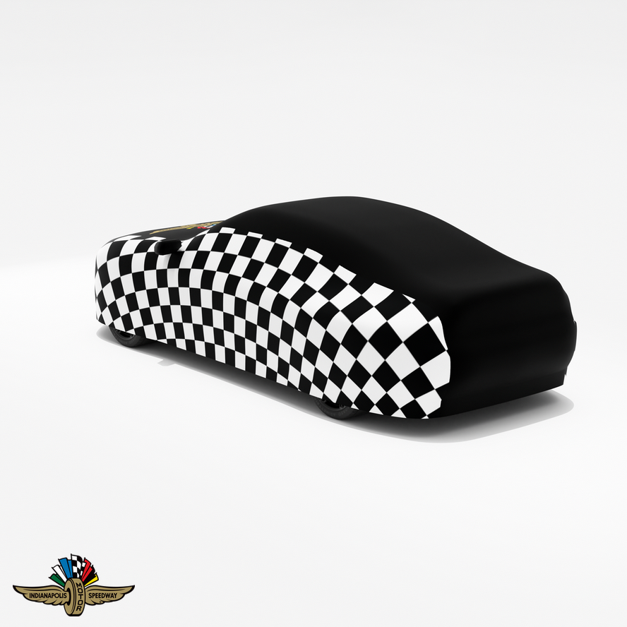 Indy500 Checked Car Cover – Custom Black Checkered Pattern with Iconic Indy 500 Logo for Premium Protection