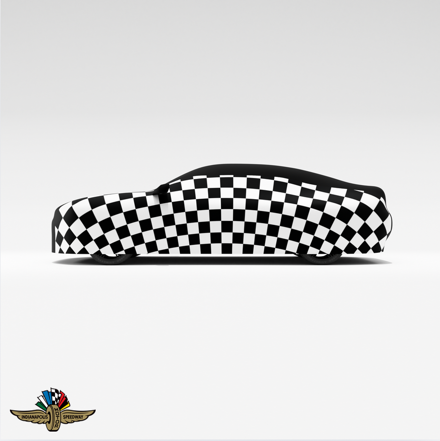 Indy500 Checked Car Cover – Custom Black Checkered Pattern with Iconic Indy 500 Logo for Premium Protection