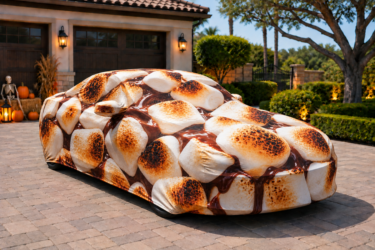 Toasted Marshmallow Halloween Car Cover – Spooky Candy-Themed Custom Vehicle Cover | HeroCovers