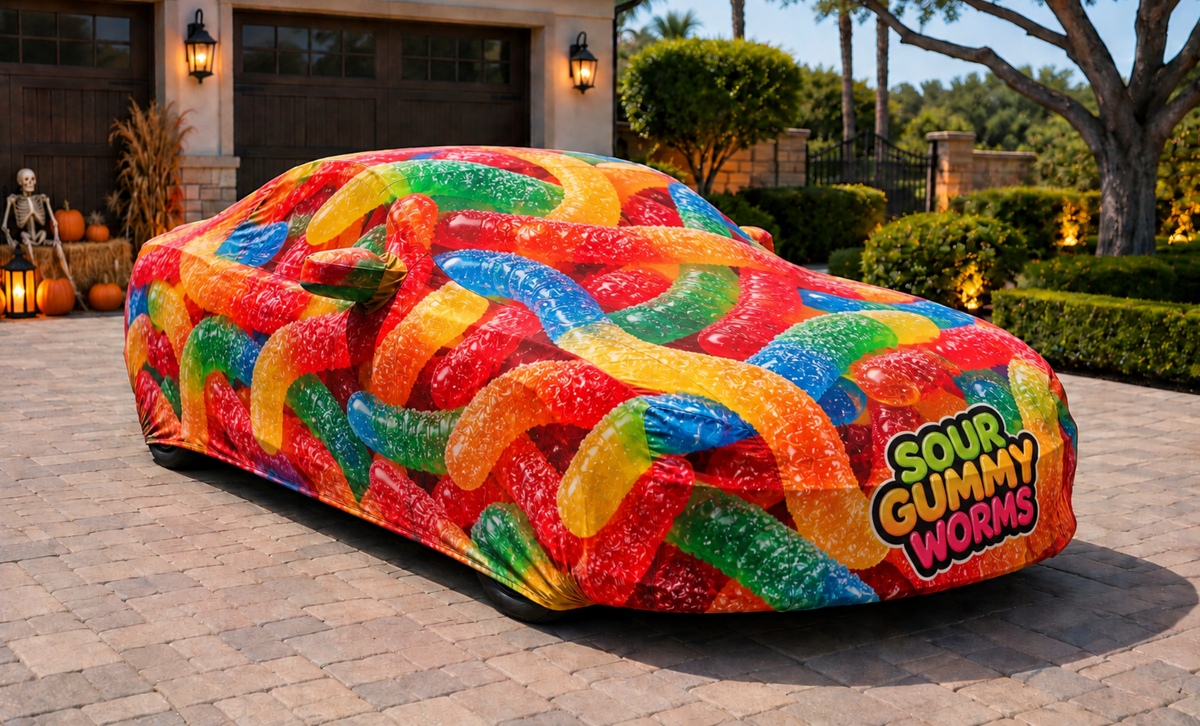 Gummy Worms Halloween Car Cover – Colorful Candy-Themed Custom Vehicle Cover | HeroCovers