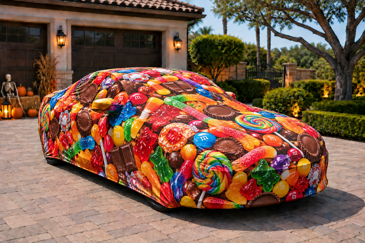 Ultimate Candy Explosion Halloween Car Cover – Colorful Trick-or-Treat Custom Vehicle Cover | HeroCovers