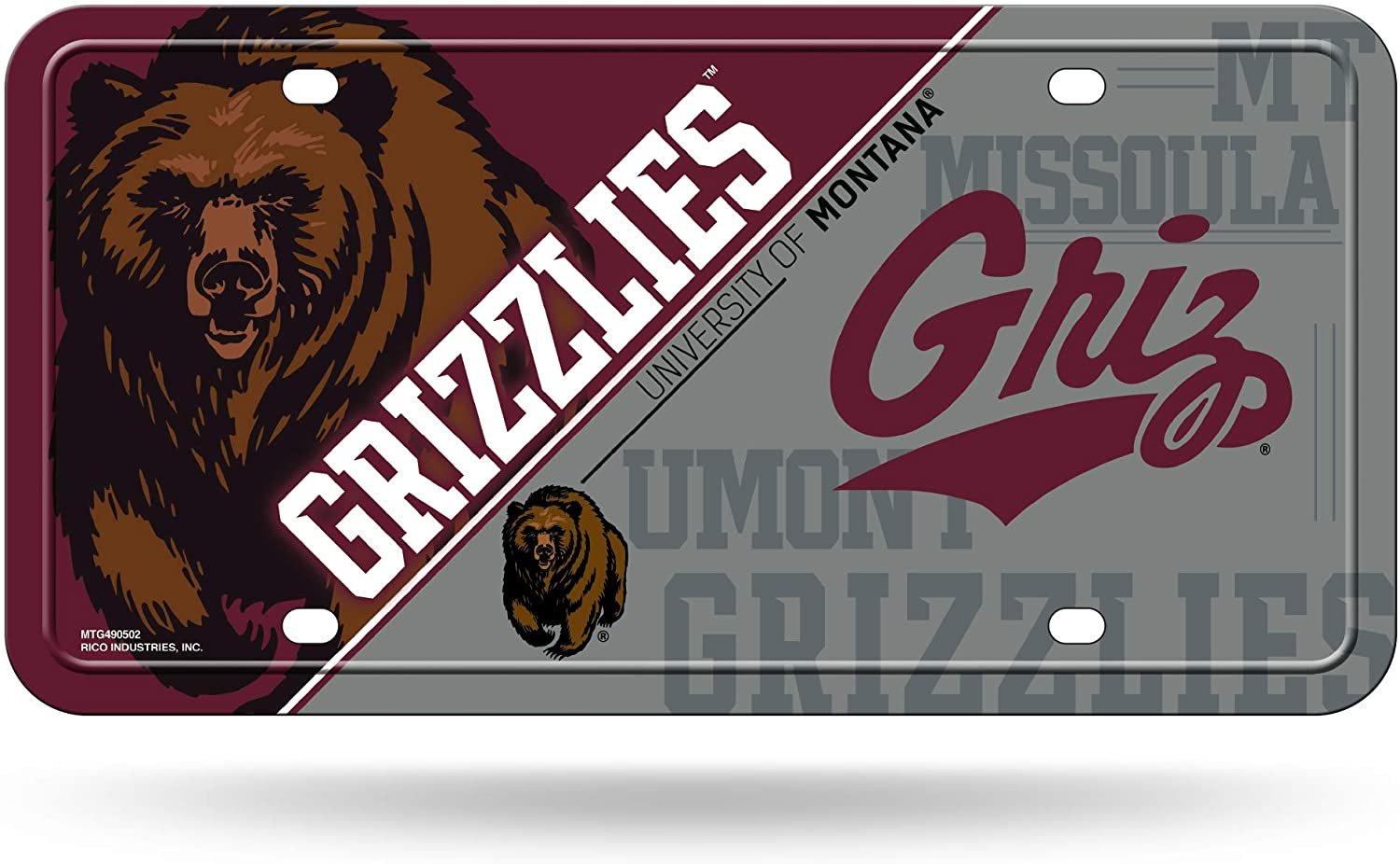 University of Montana Grizzlies Metal Auto Tag License Plate, Split Design, 6x12 Inch